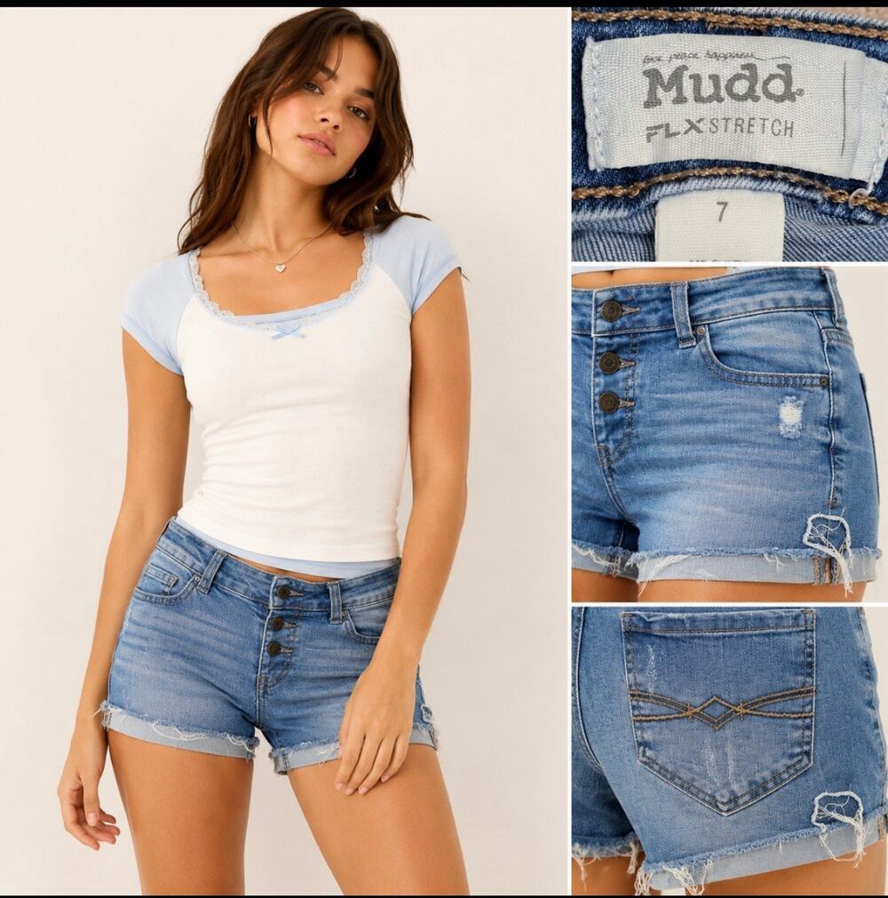 Y2K Indie Sleaze Mudd Juniors Cutoff Denim Shorts Size 7 Medium Wash Distressed